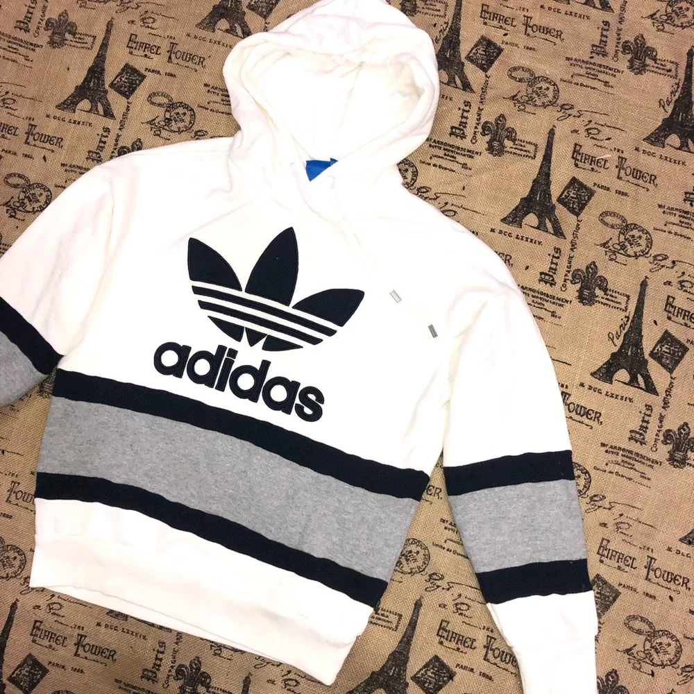 Adidas White/Navy Blue/Grey Striped Logo Embroidered Hooded Jacket Size S - Picture 3 of 9